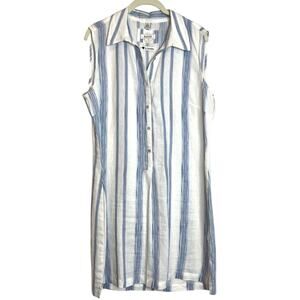 Malvin Linen Ramie Shirt Dress Size 10 Blue White Striped Sleeveless Button
